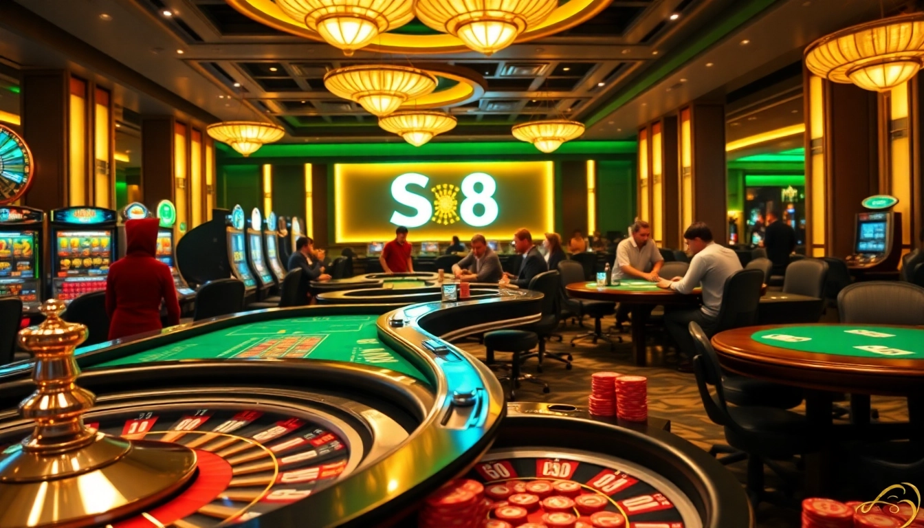 Players winning at blackjack and poker tables in a luxurious casino setting, showcasing S8 branding.