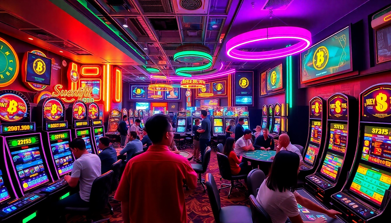 Jouez dans un crypto casino vibrant avec des machines à sous et des tables de jeu.