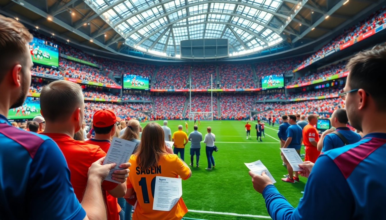 Pari en direct sur un site de paris sportifs avec des fans enthousiastes au stade.