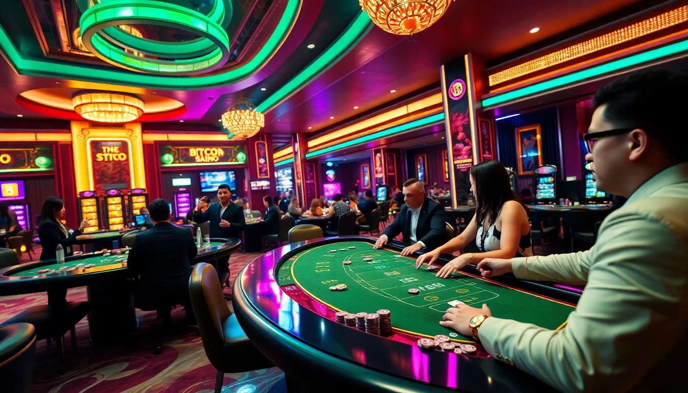 Expérience immersive dans un btc casino avec joueurs élégants et lumières vives.
