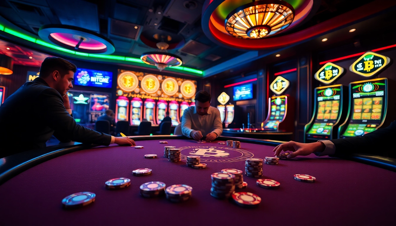 Vivez l'excitation d'un casino Bitcoin avec des joueurs autour d'une table de poker animée.