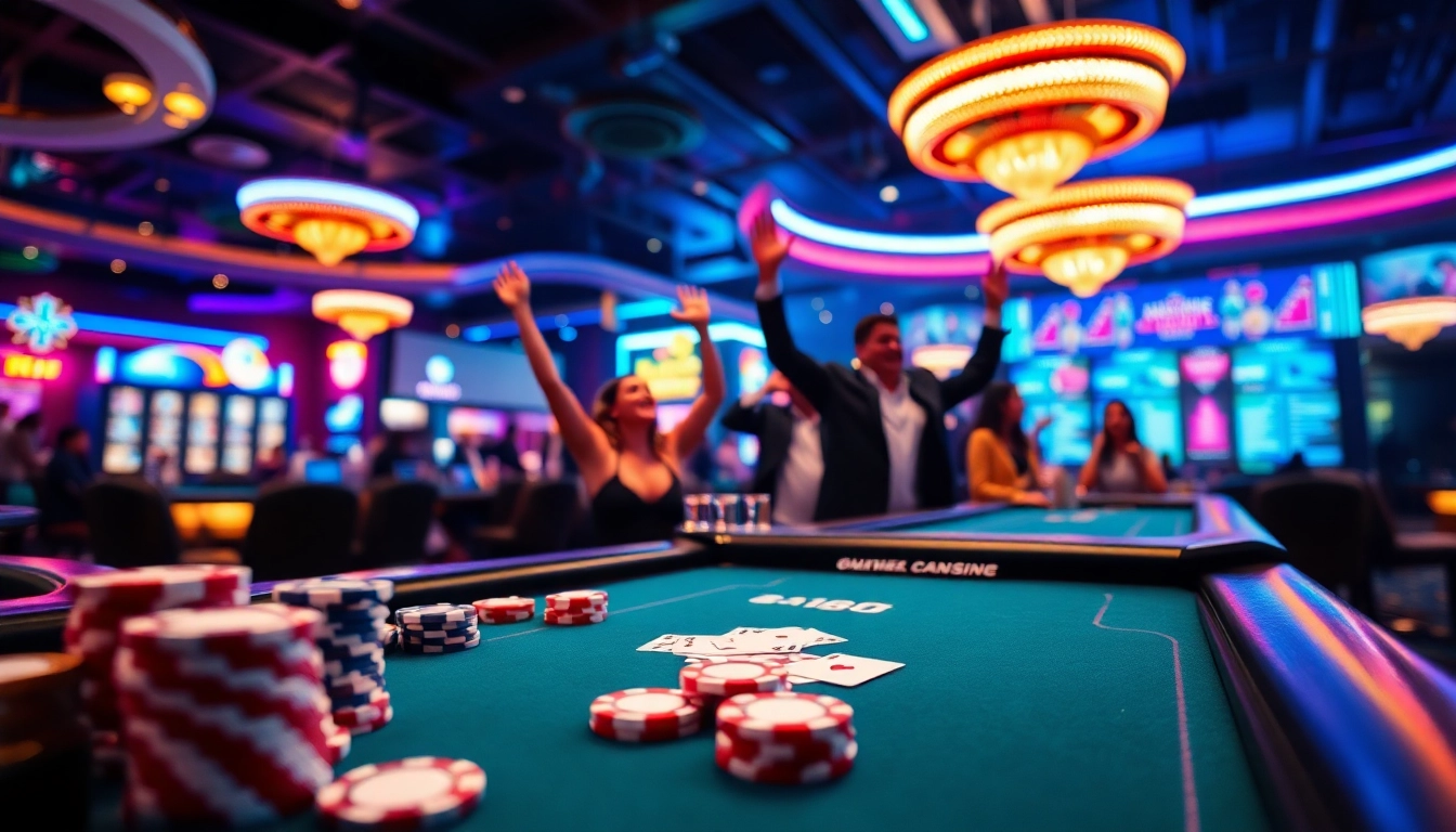 Vibrant online casino en ligne atmosphere with gaming tables and players enjoying their wins.