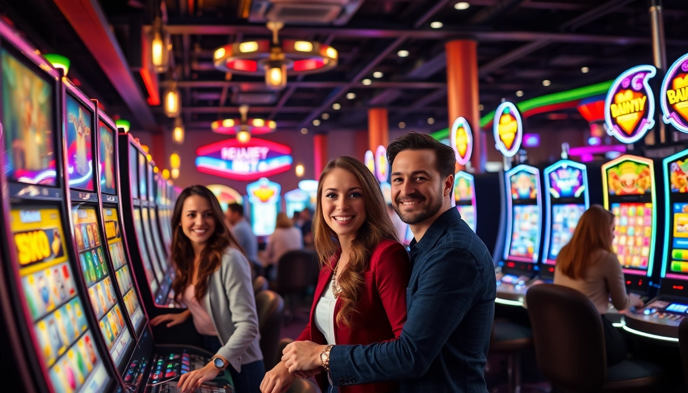 Découvrez les jeux captivants sur un site casino en ligne, avec des joueurs heureux et des machines lumineuses.