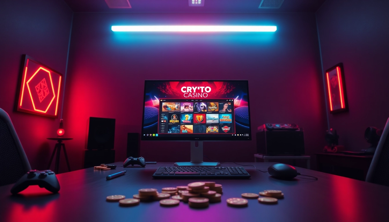 Un joueur engagé dans un crypto casino avec des jeux sur un écran alimenté par des lumières néon.