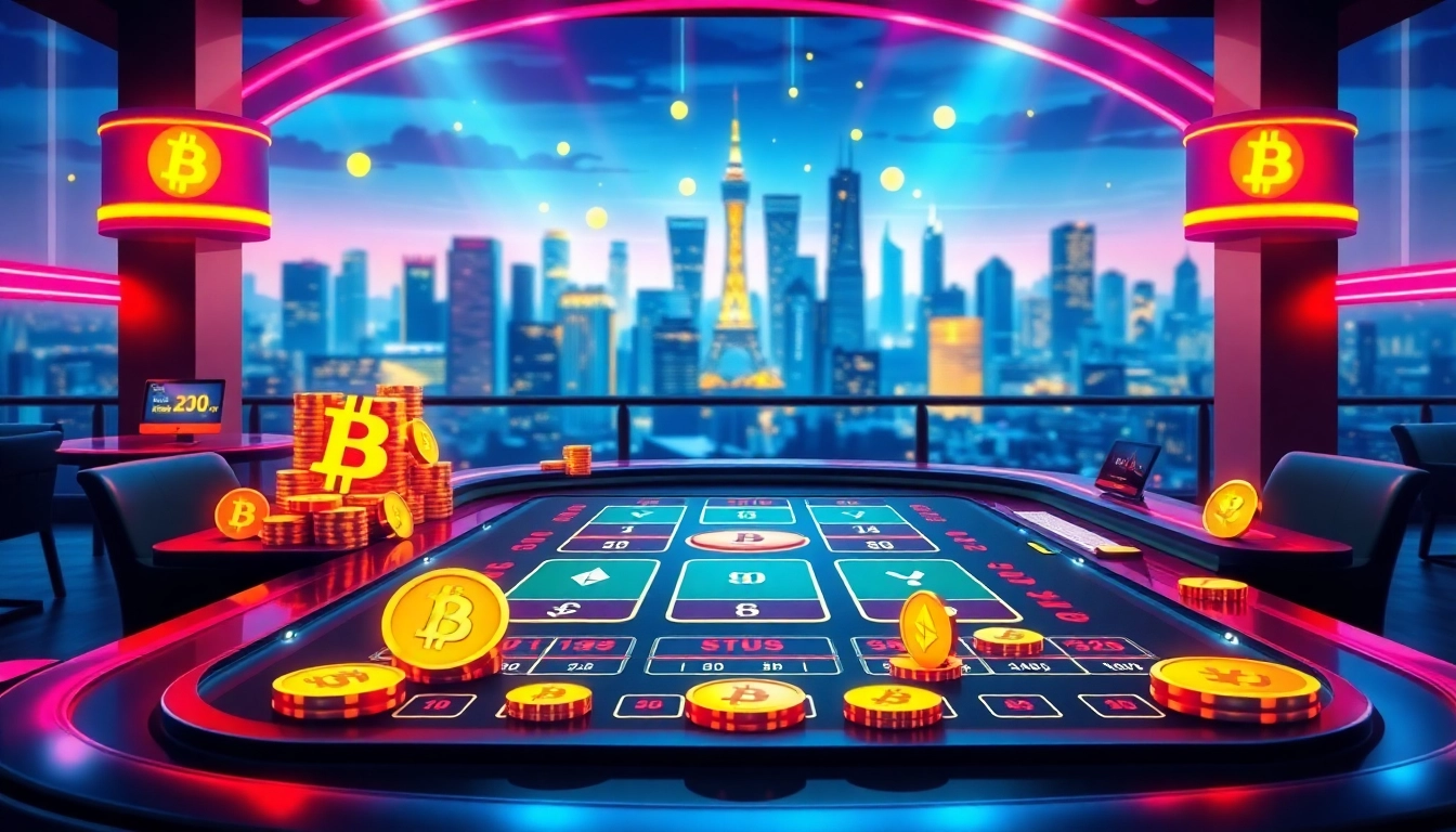 Liste de casino crypto avec des icônes de monnaies numériques brillantes sur une table de jeu virtuelle.