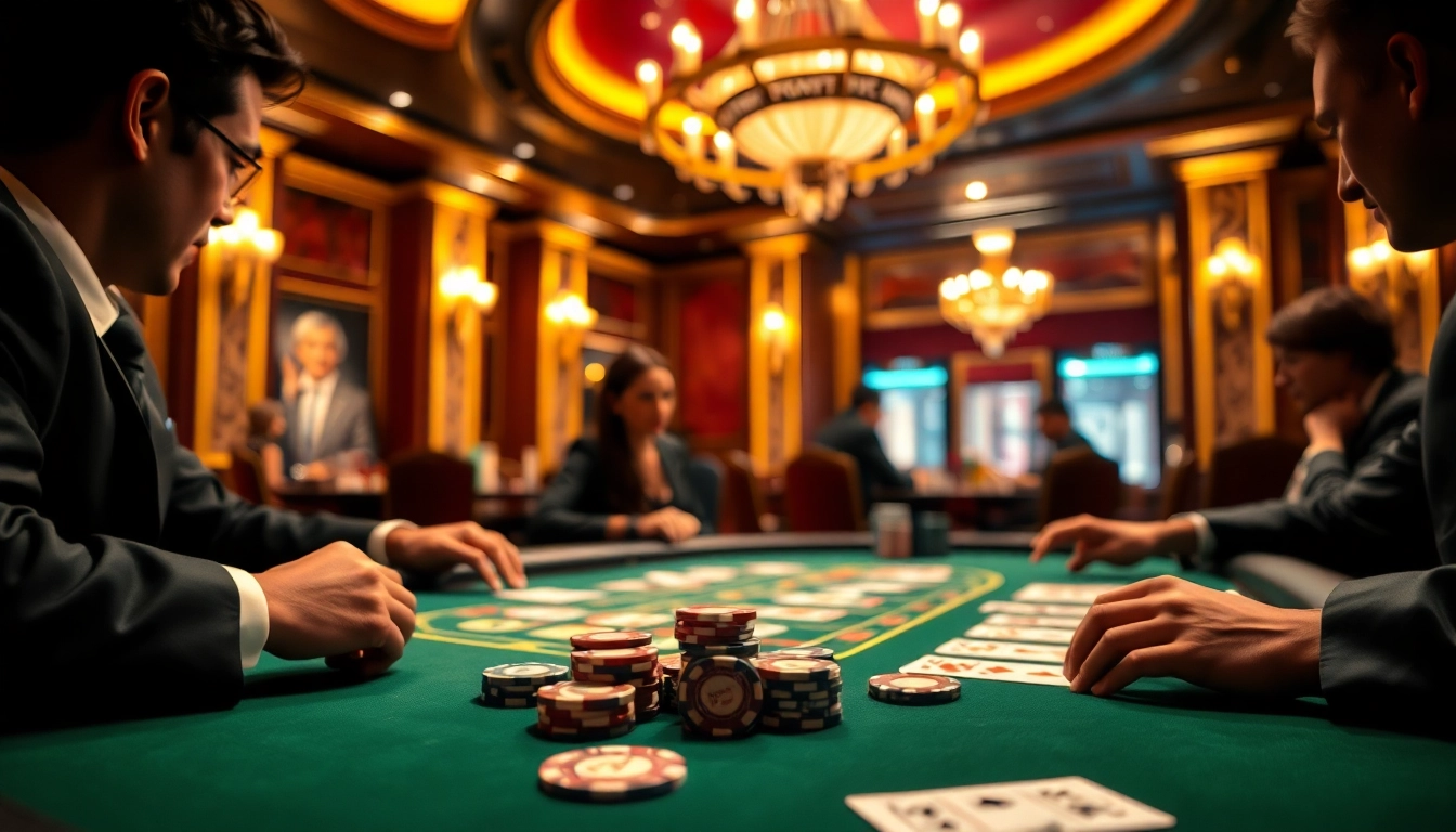 Des joueurs de jeux casino en ligne captivés autour d'une table de poker luxueuse.